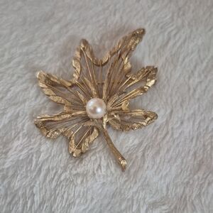 Gold Leaf Brooch with Pearl Accent